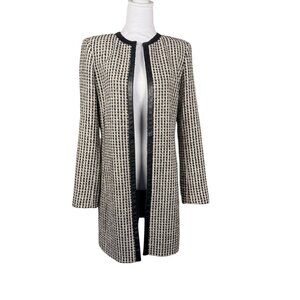 Dana Buchman Tweed Jacket Size 4 Black Cream Longline Open Front Leather Trim